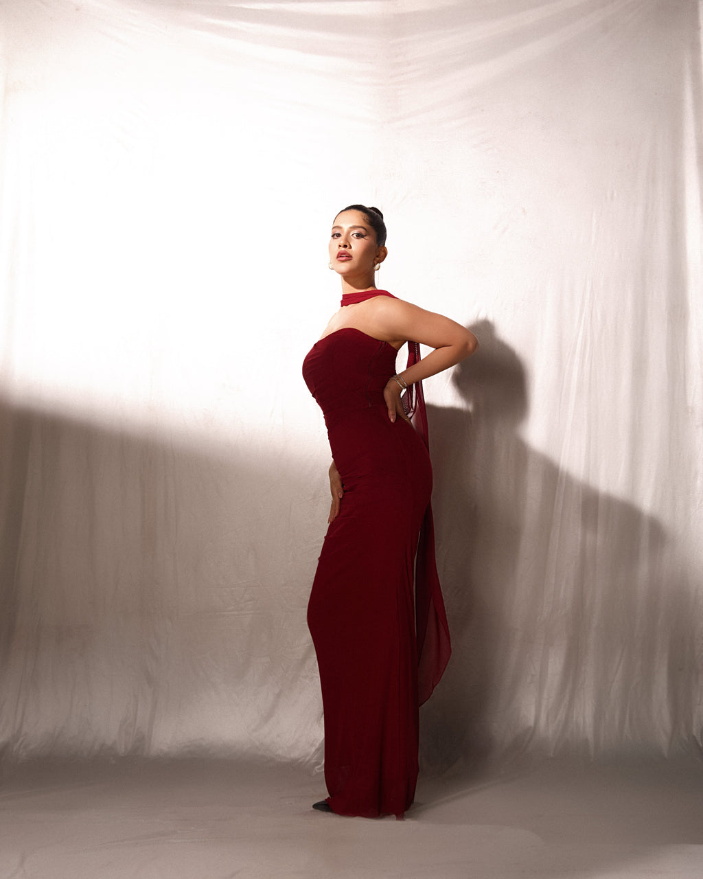 Alara Summer Set of Top And Skirt With Scarf In Maroon