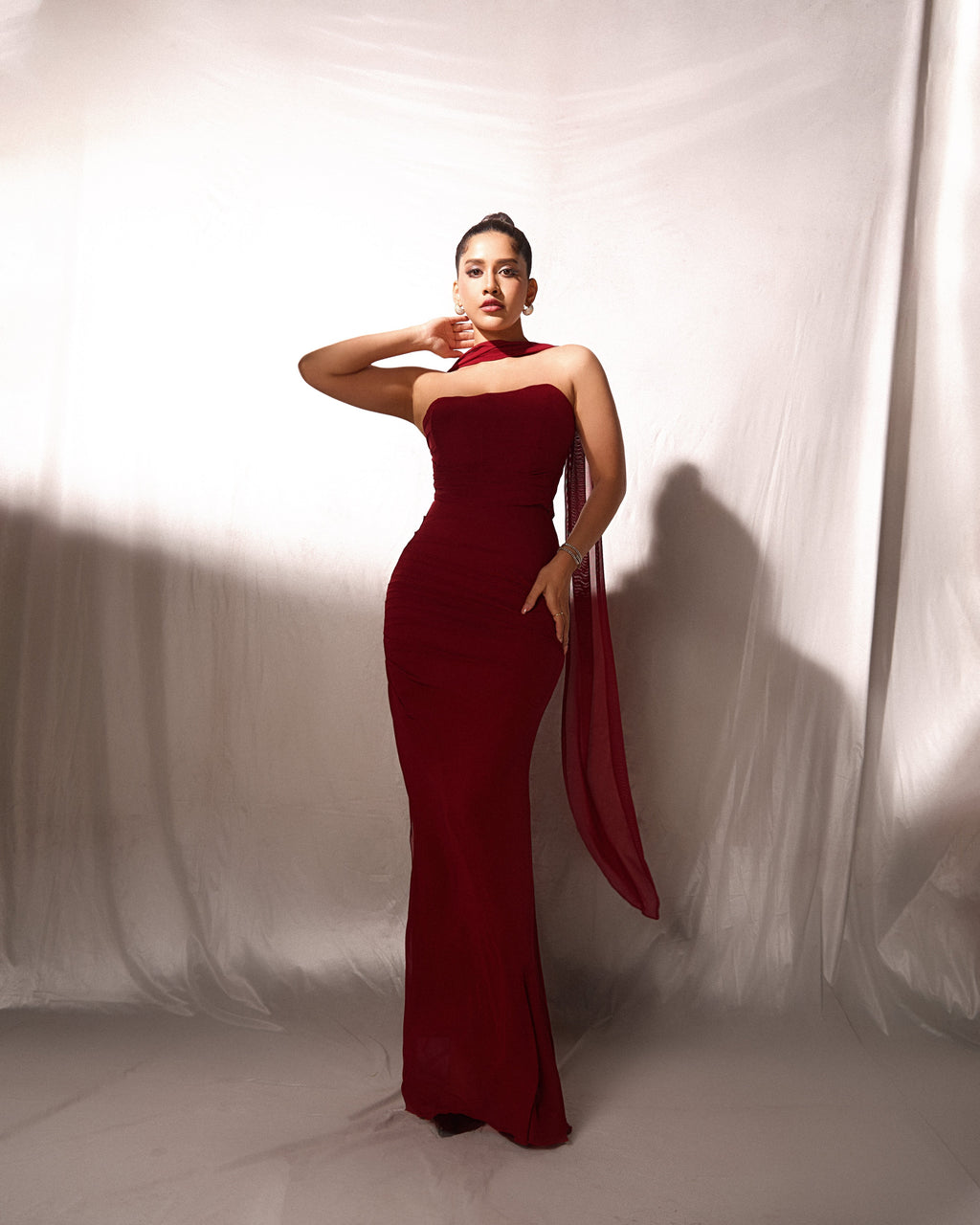 Alara Summer Set of Top And Skirt With Scarf In Maroon