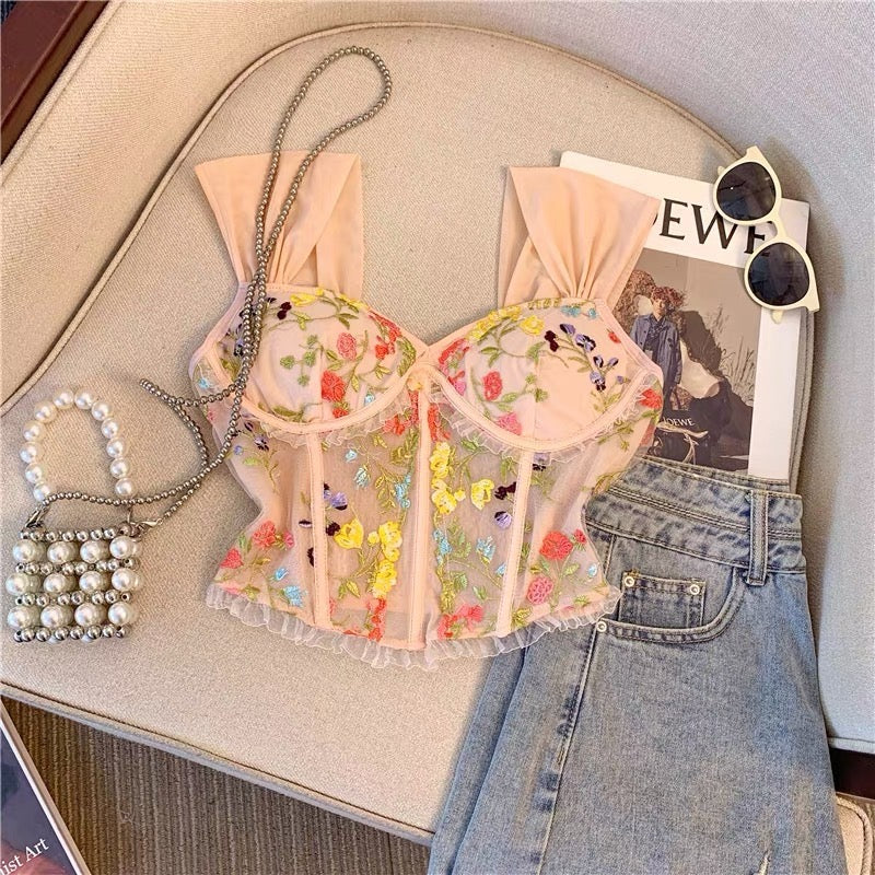 Rosie Embroidered Crop Top In Peach