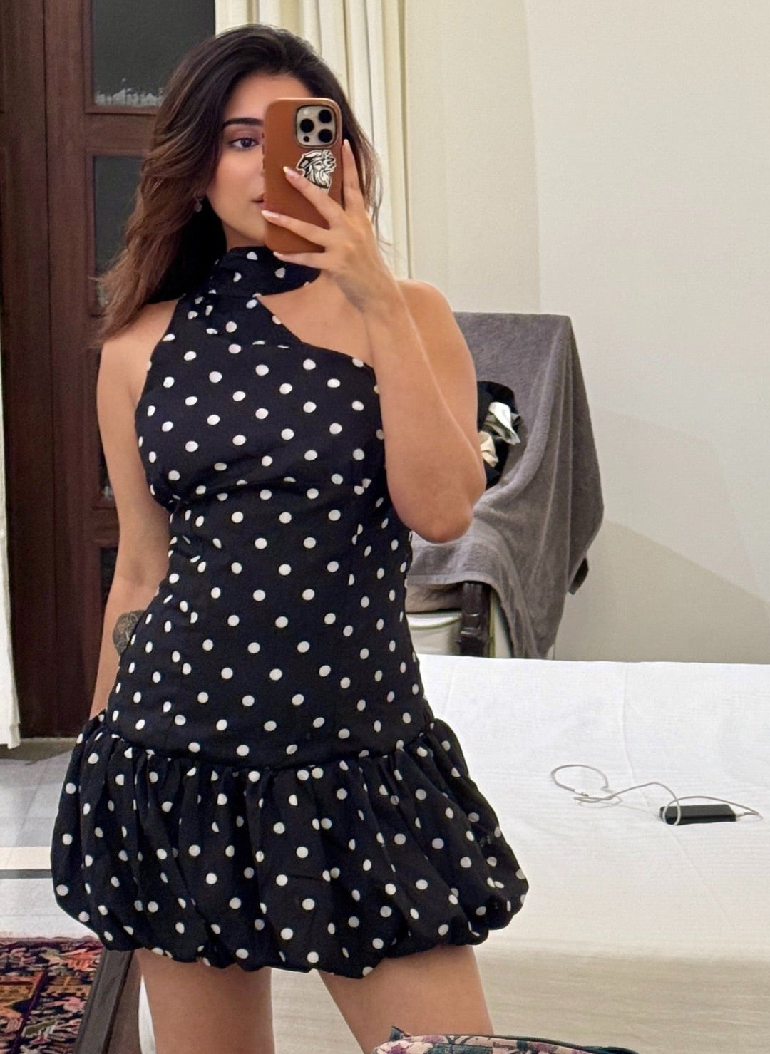Iris Balloon Polka Mini Dress With Belt