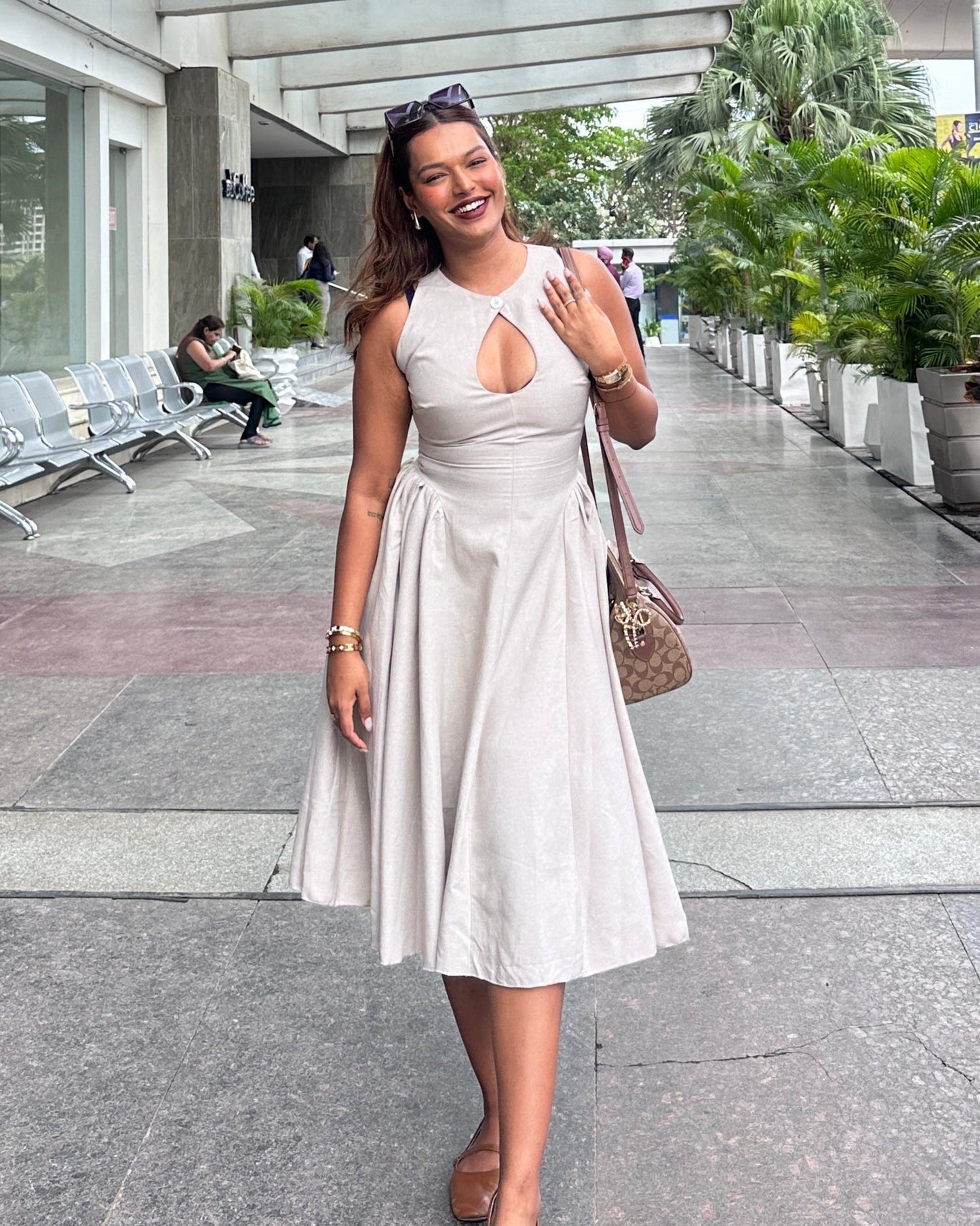 Harlow Statement Dropwaist Midi Dress In Beige