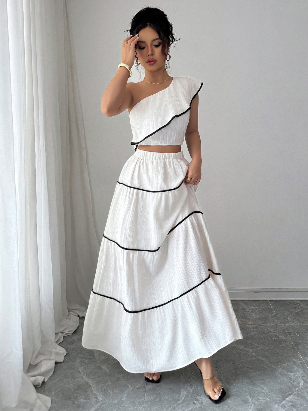 Valentino One-Shoulder Top With Skirt Coord Sets In White