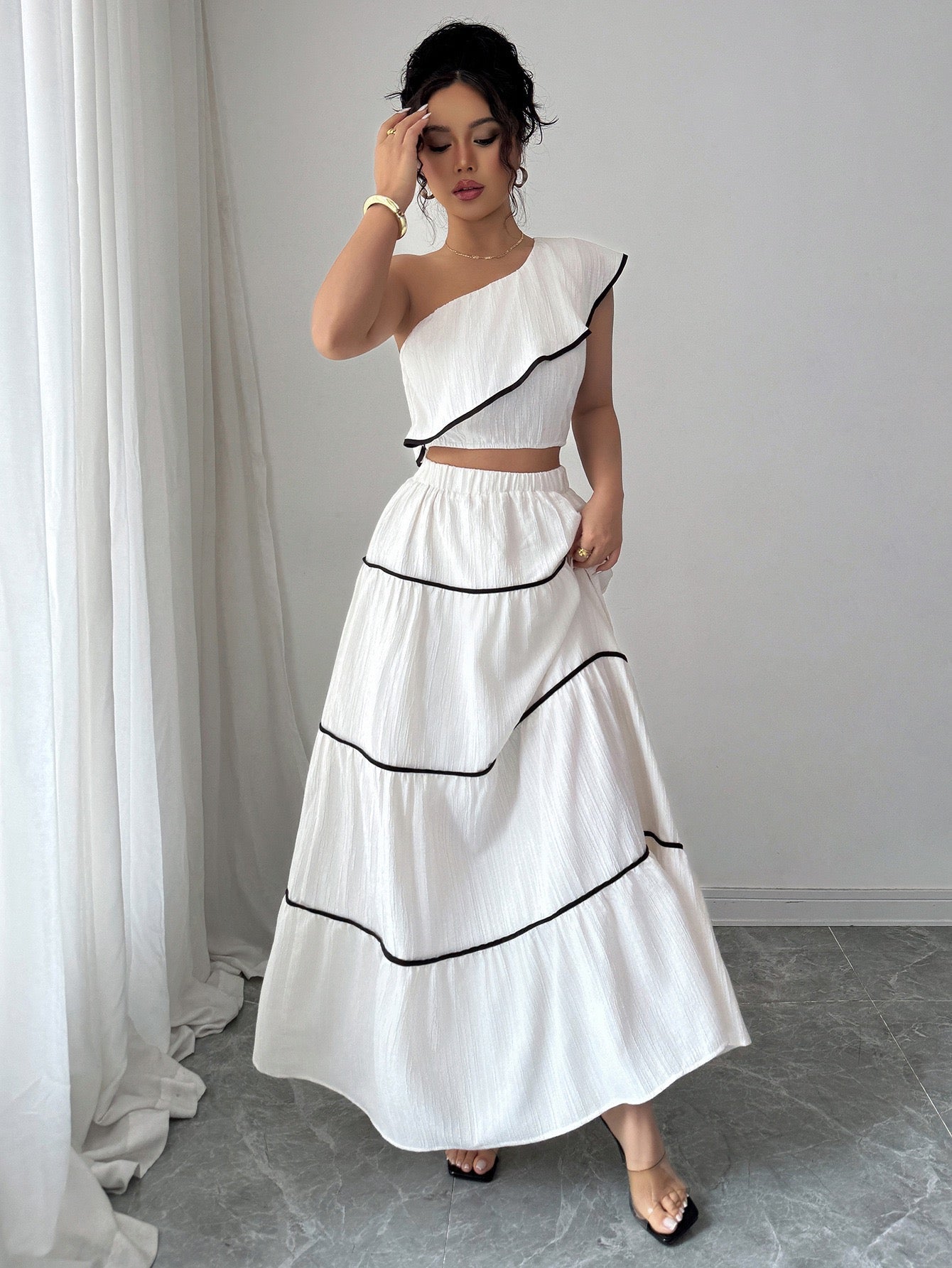 Valentino One-Shoulder Top With Skirt Coord Sets In White