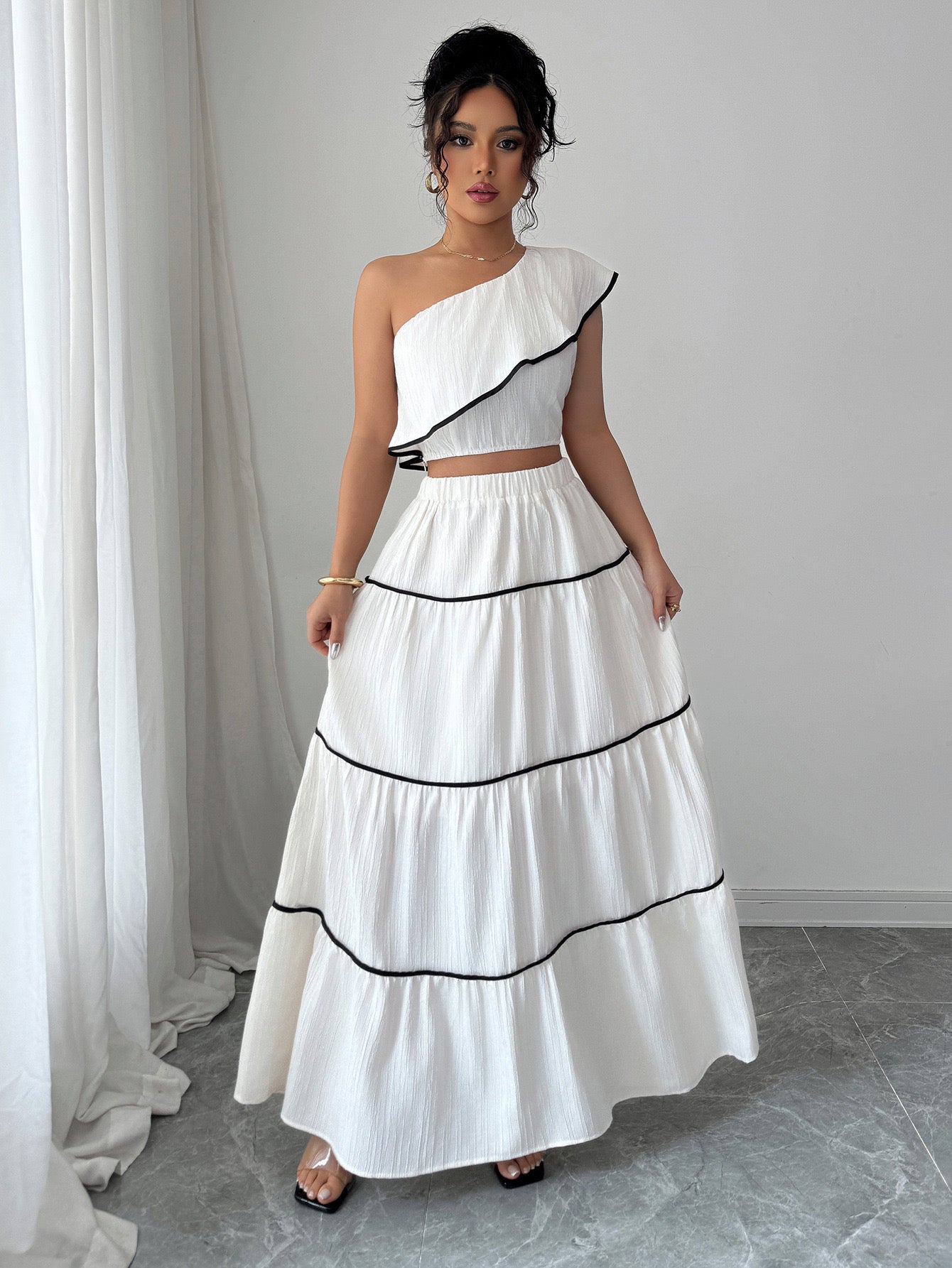 Valentino One-Shoulder Top With Skirt Coord Sets In White
