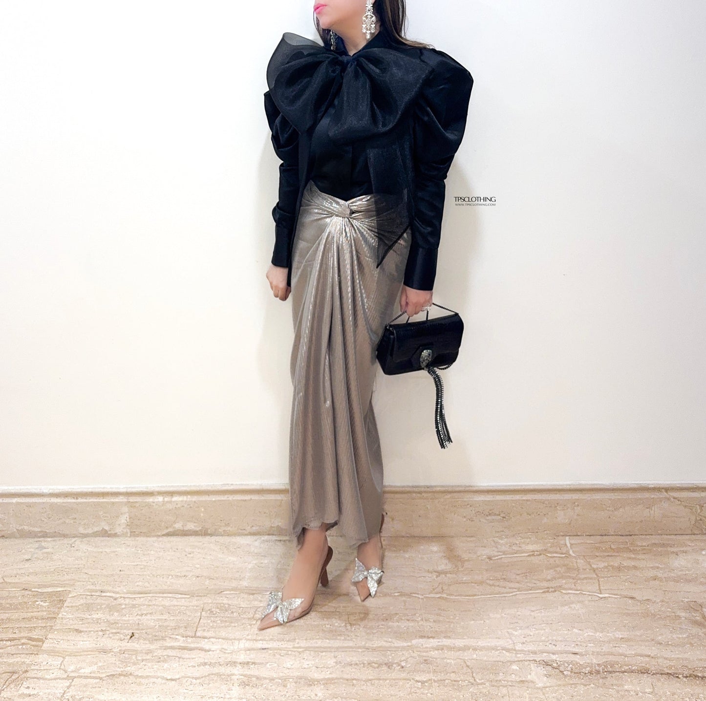 STARLET | Metallic Wrap Skirt Set With Bow