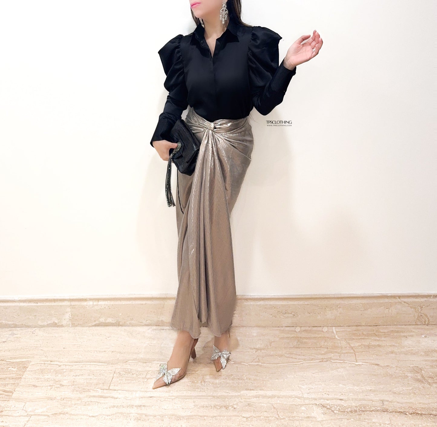 STARLET | Metallic Wrap Skirt Set With Bow
