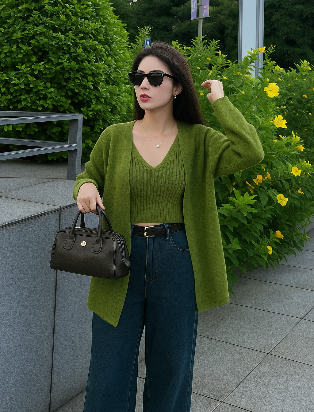 Nixie Statement Woolen Top with Cape Style Sweater In Olive