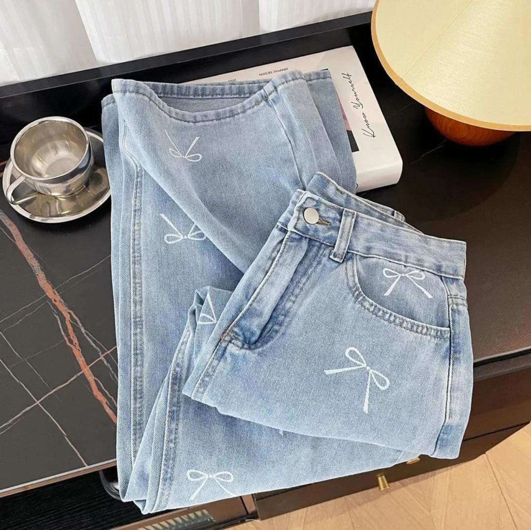 Gabi Bow Printed Denim Jeans In Blue