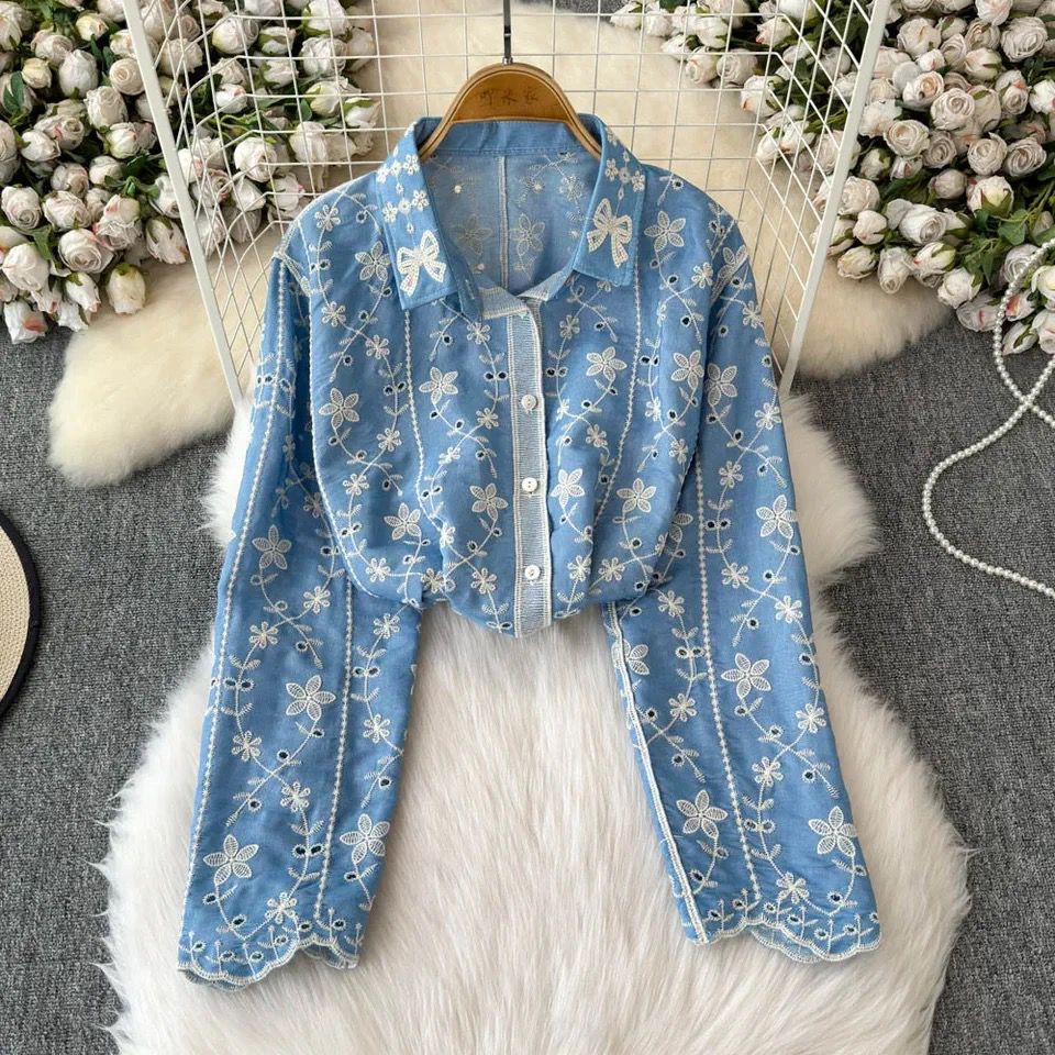 Aria Premium Embroidered Cotton Shirts In Blue