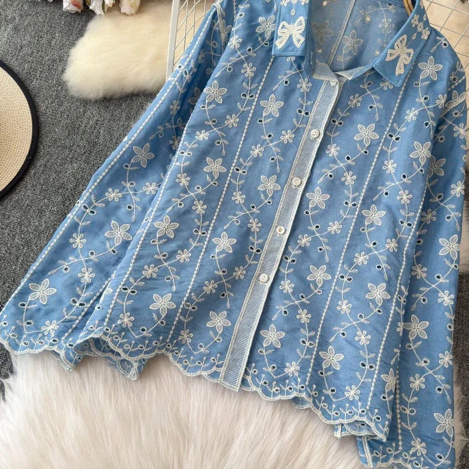 Aria Premium Embroidered Cotton Shirts In Blue