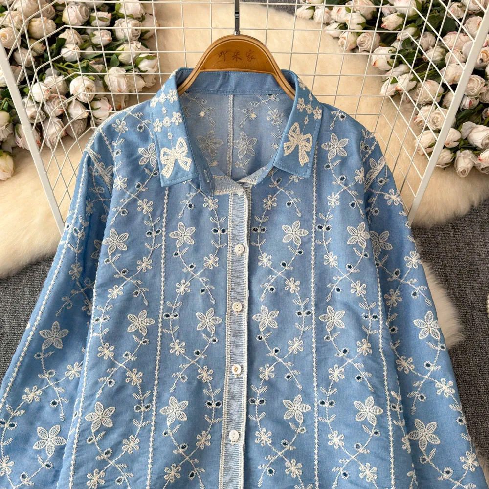 Aria Premium Embroidered Cotton Shirts In Blue