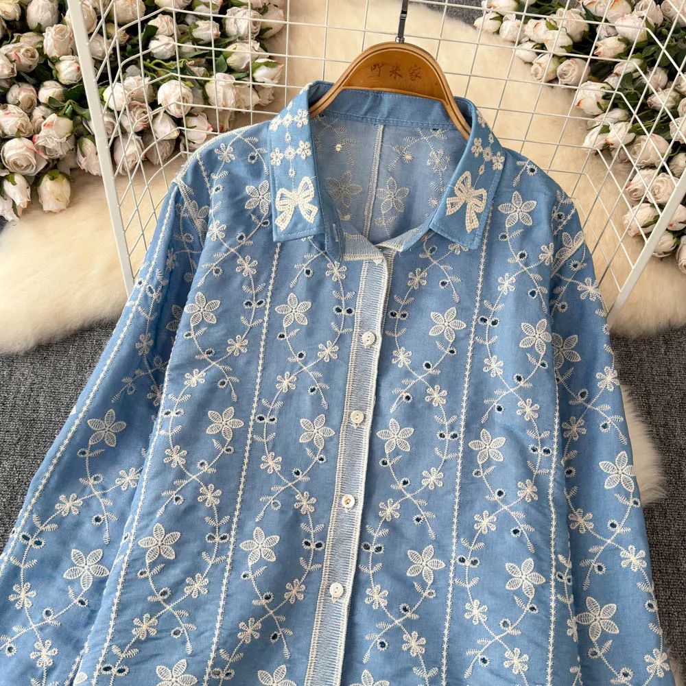 Aria Premium Embroidered Cotton Shirts In Blue