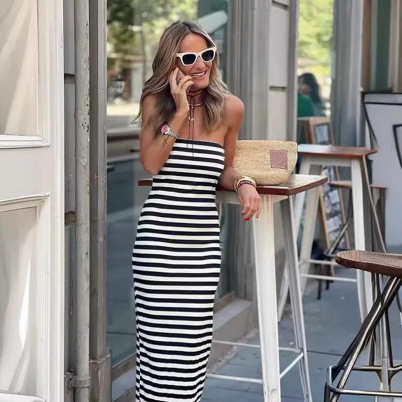 Emery Striped Offshoulder Dress In Black