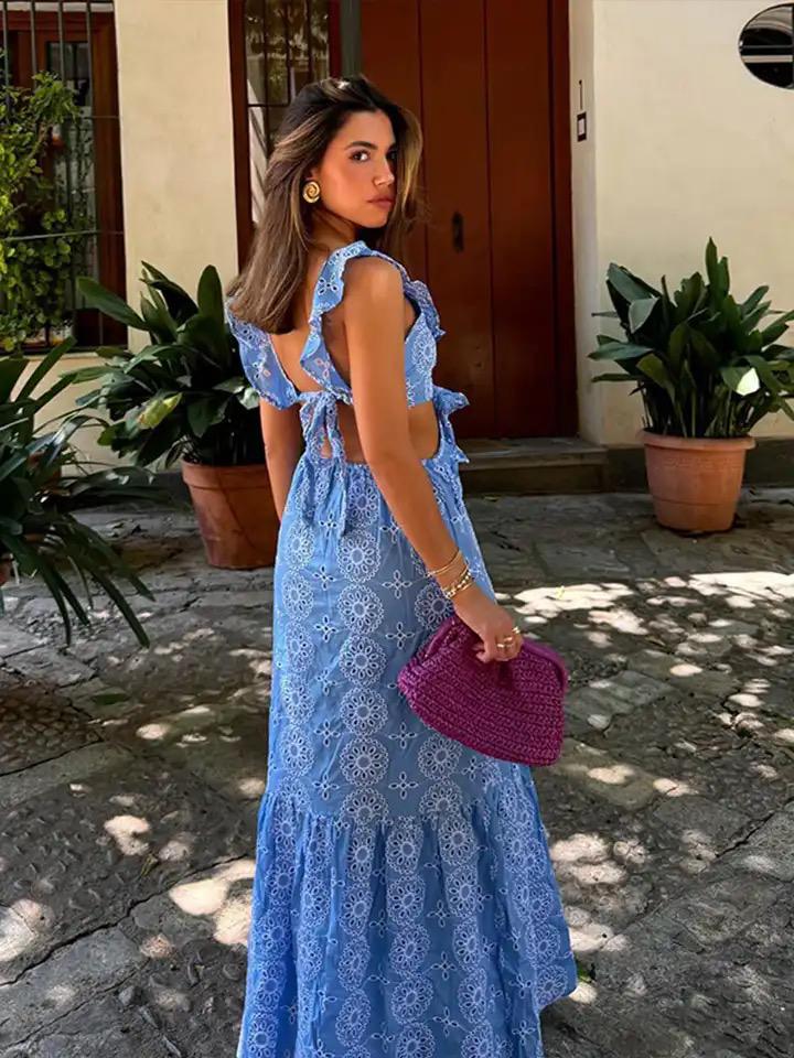 Kamiya Eyelet Cotton Summer Dress In Blue