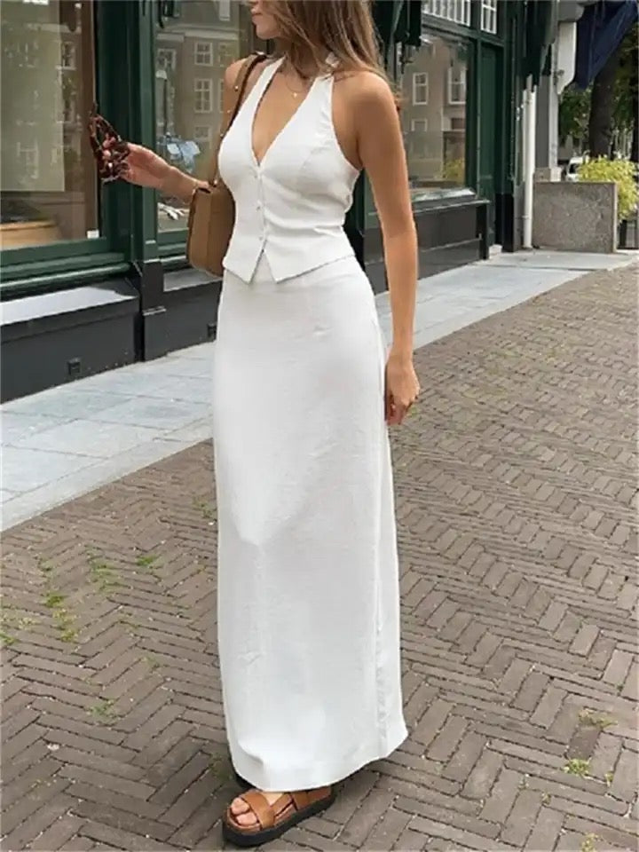 Ira Statement Vest Suit with Skirt In White