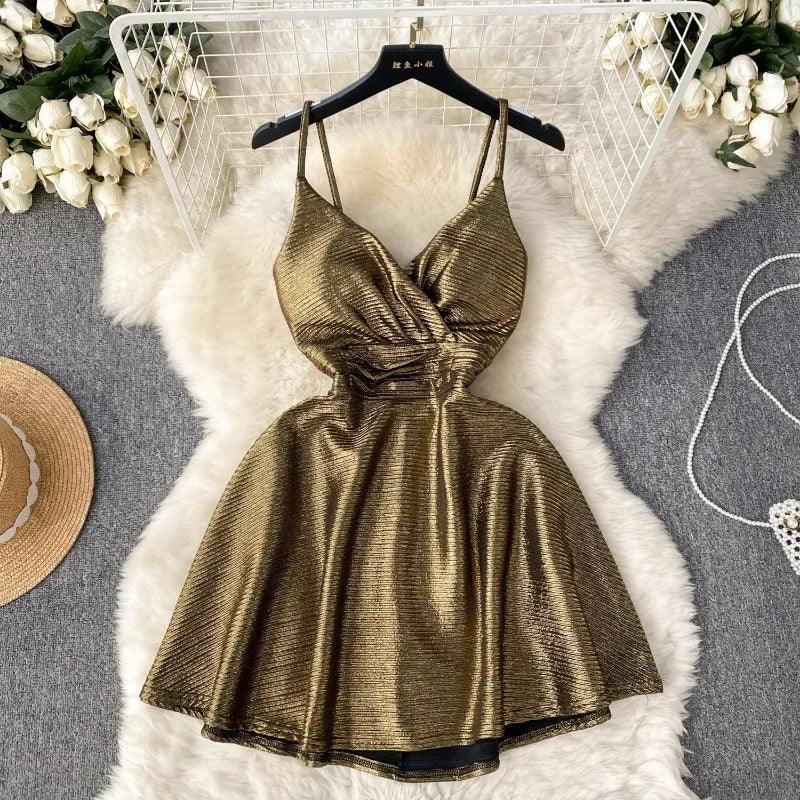 Janice Mettalic Party Dress In Brown
