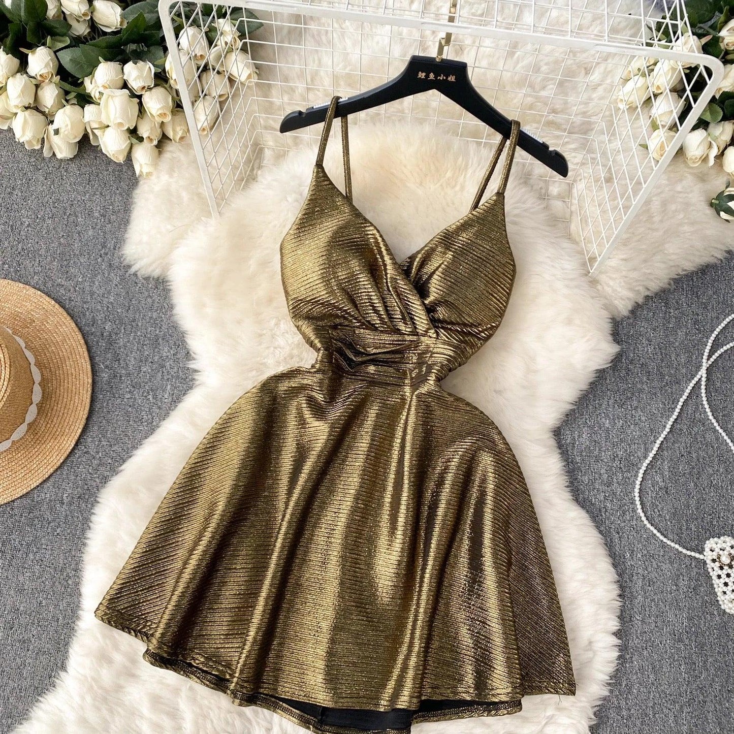 Janice Mettalic Party Dress In Brown