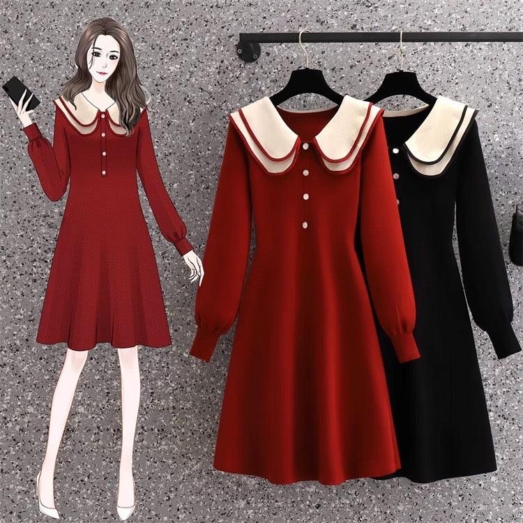 Jasper Doll Collar Knitted Dress In Red