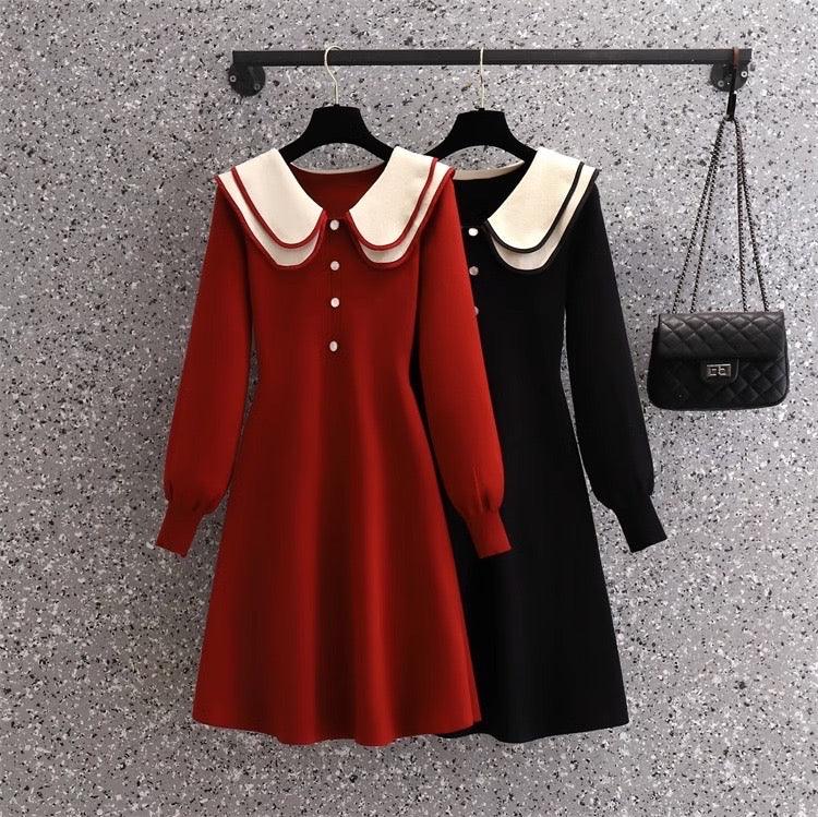 Jasper Doll Collar Knitted Dress In Red