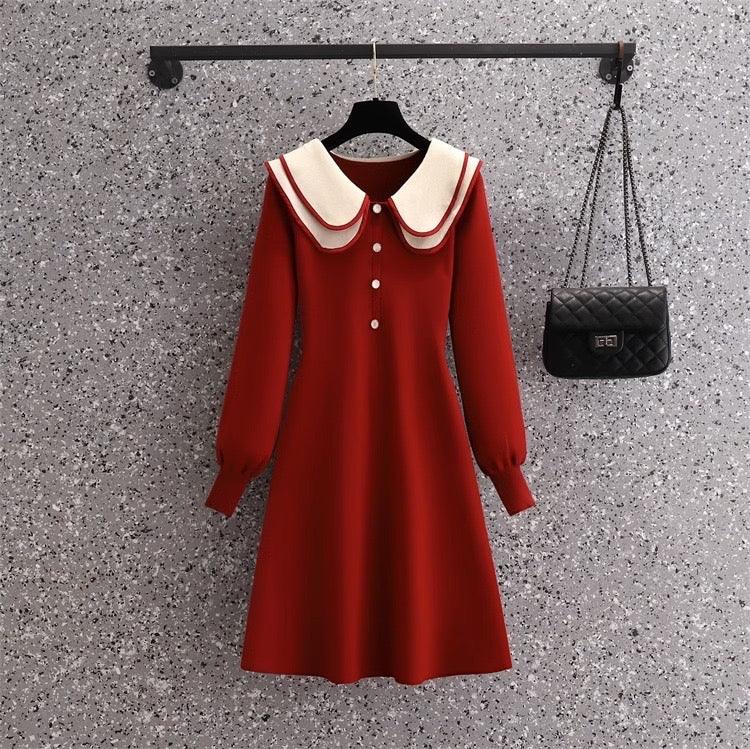 Jasper Doll Collar Knitted Dress In Red