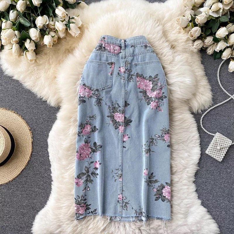 Juliana Slit Denim Skirts In Light Blue