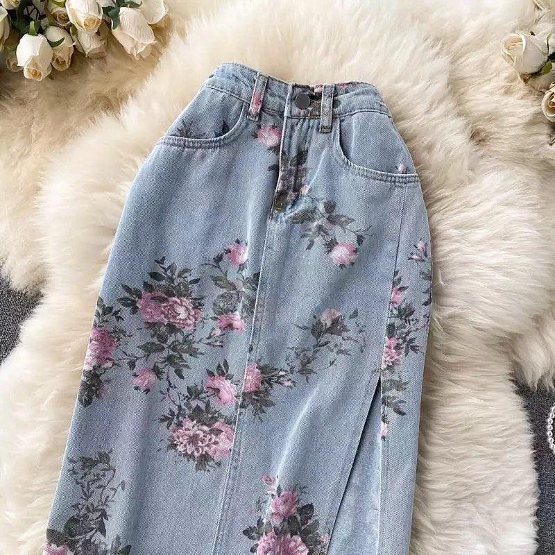 Juliana Slit Denim Skirts In Light Blue