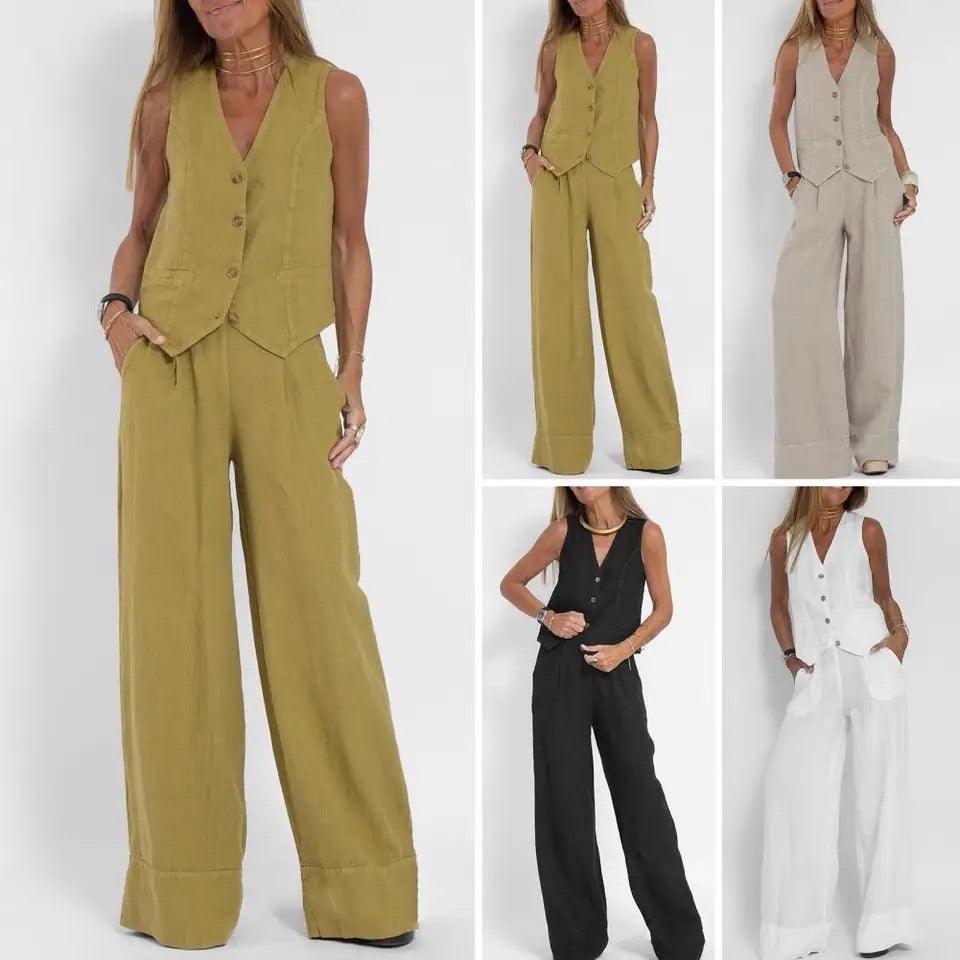 Laiden Statement Linen Vest Suit with Pants In Olive