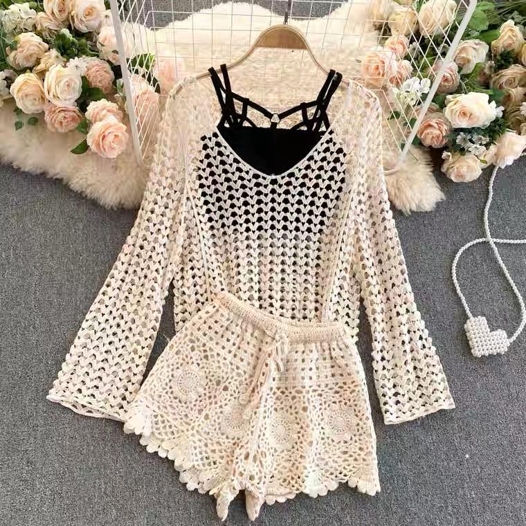 Lebanon Crochet 3 Pc Set - Resortwear In Beige