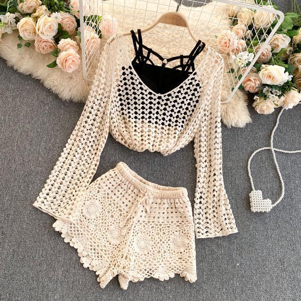 Lebanon Crochet 3 Pc Set - Resortwear In Beige