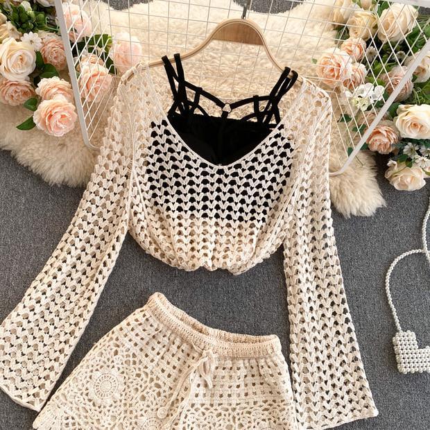 Lebanon Crochet 3 Pc Set - Resortwear In Beige