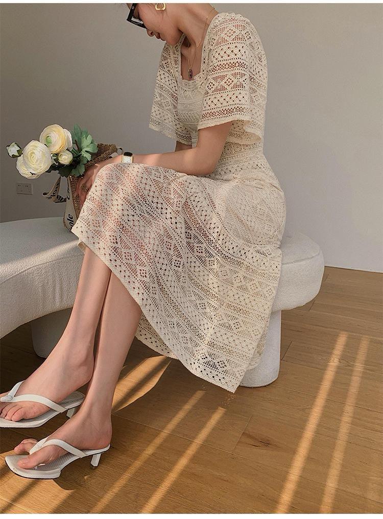 Liliana Crochet Midi Dress In Beige