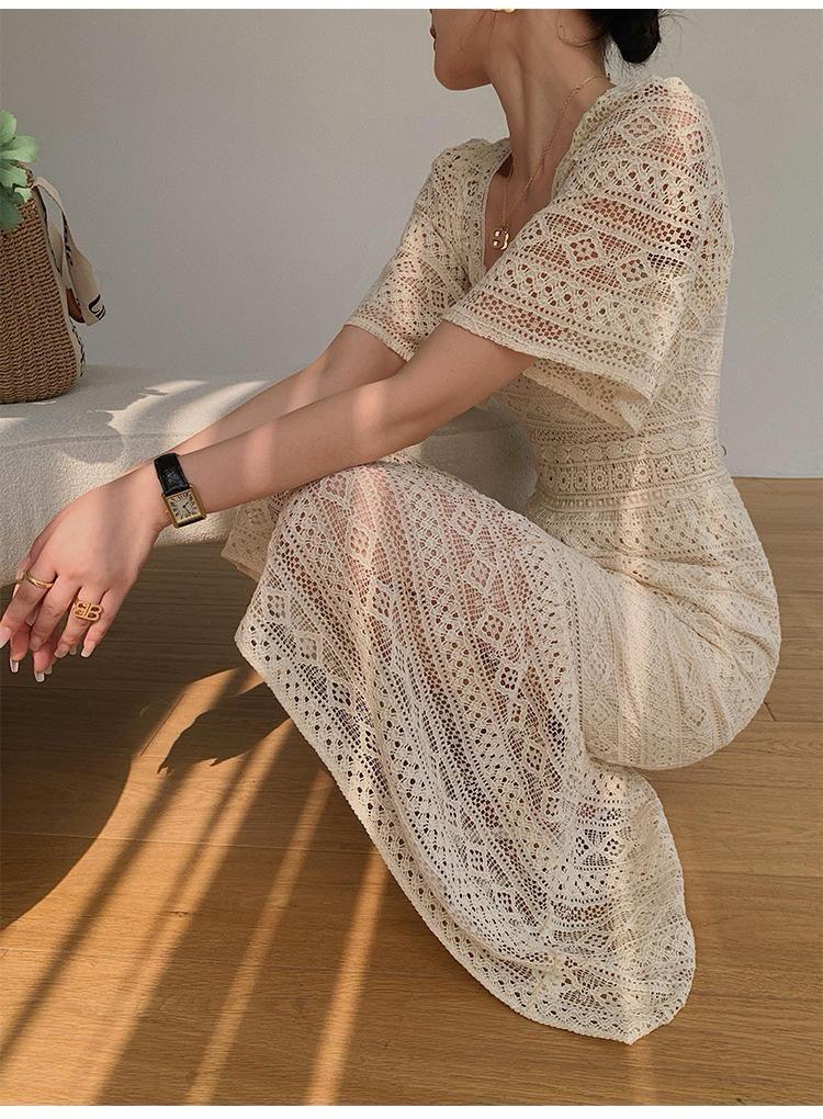Liliana Crochet Midi Dress In Beige