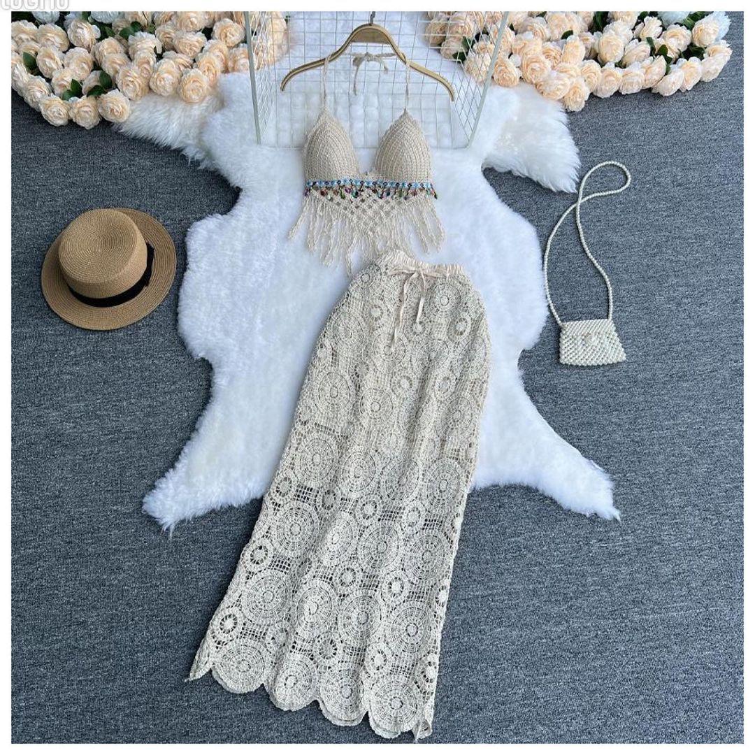 Lisa Crochet Coord Set In Beige