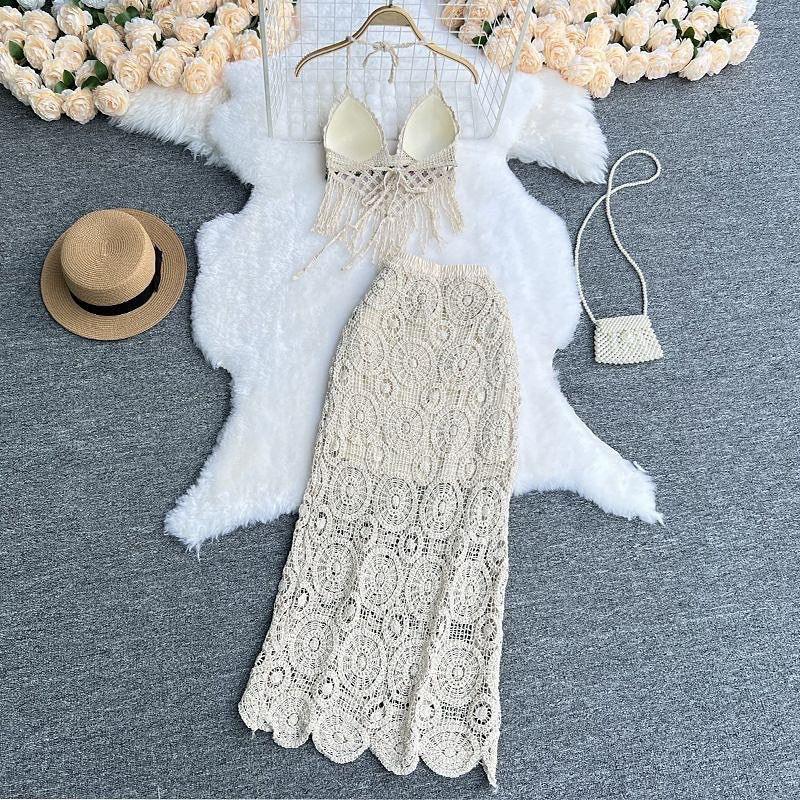 Lisa Crochet Coord Set In Beige