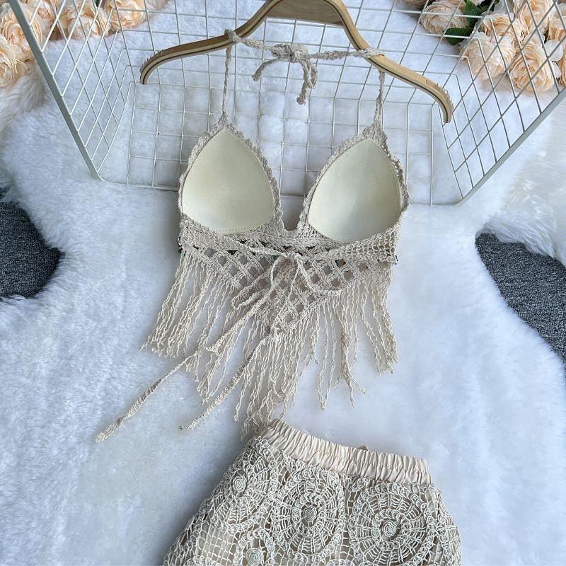 Lisa Crochet Coord Set In Beige