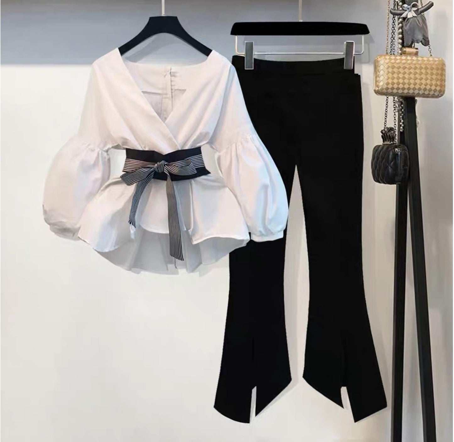 Luxury Bubble Sleeve Top with Pants In White