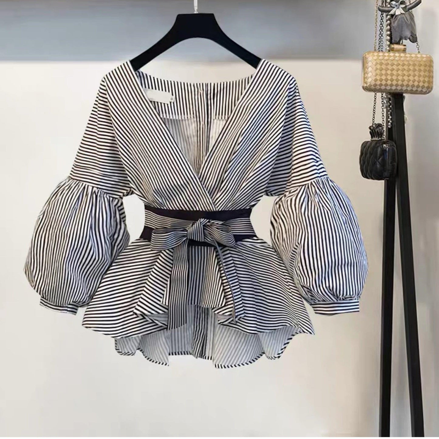 Luxury Bubble Sleeve Top with Pants Striped In Black