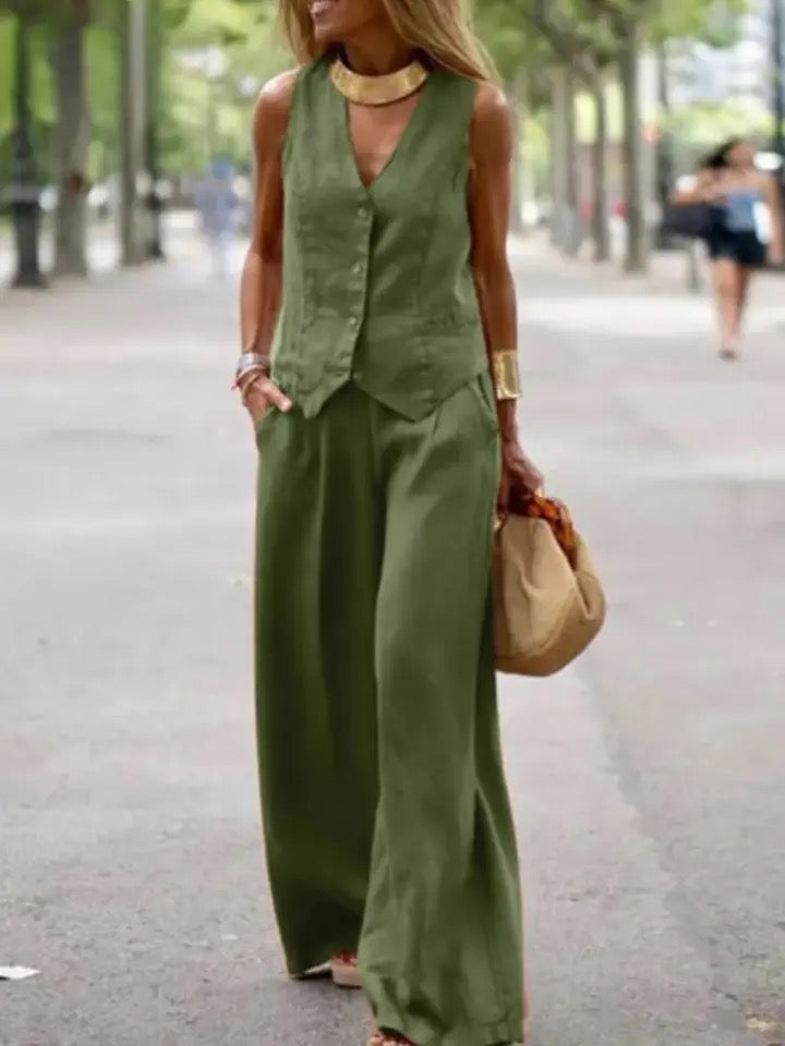 Martin Statement Linen Vest Suit with Pants In Olive In Olive