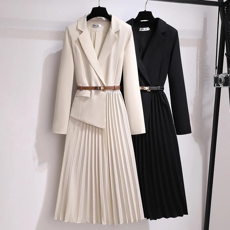 Nova Elegant Pleated Blazer Dress In Off white