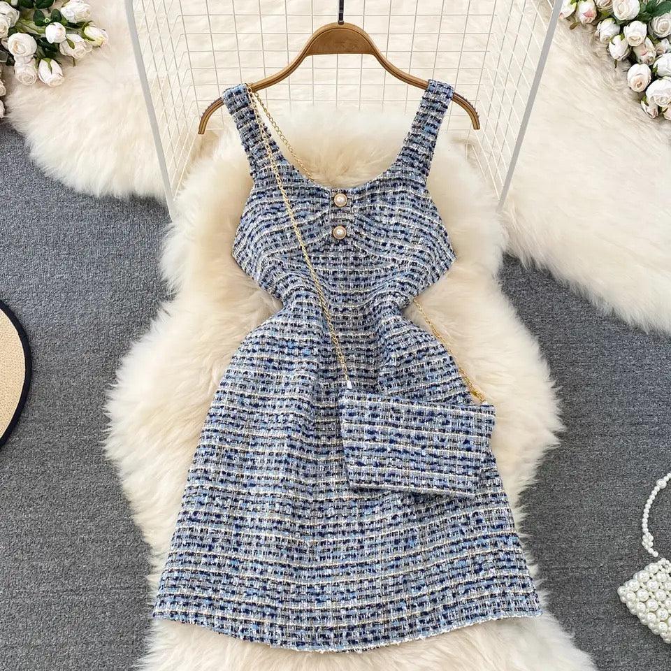 Orry Tweed Dress with Sling Bag In Blue