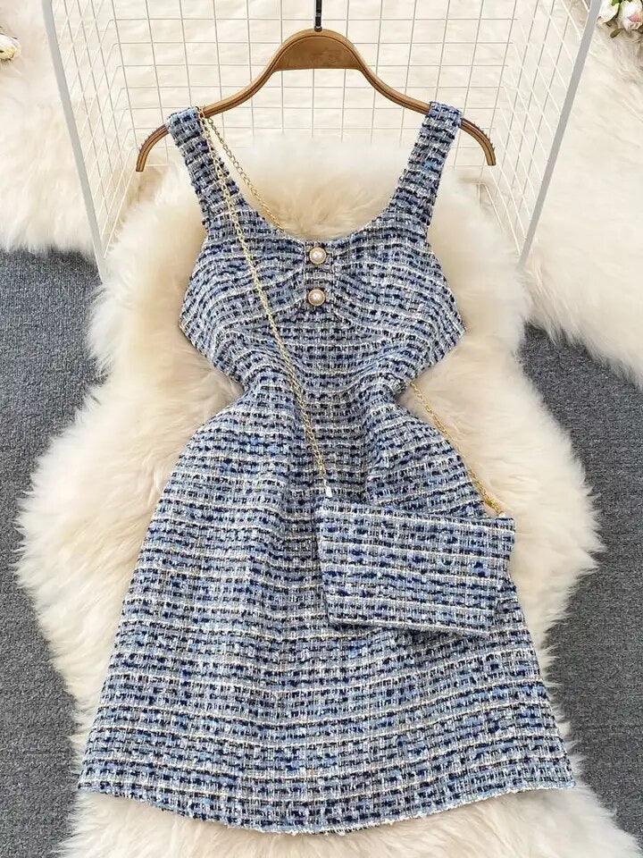 Orry Tweed Dress with Sling Bag In Blue