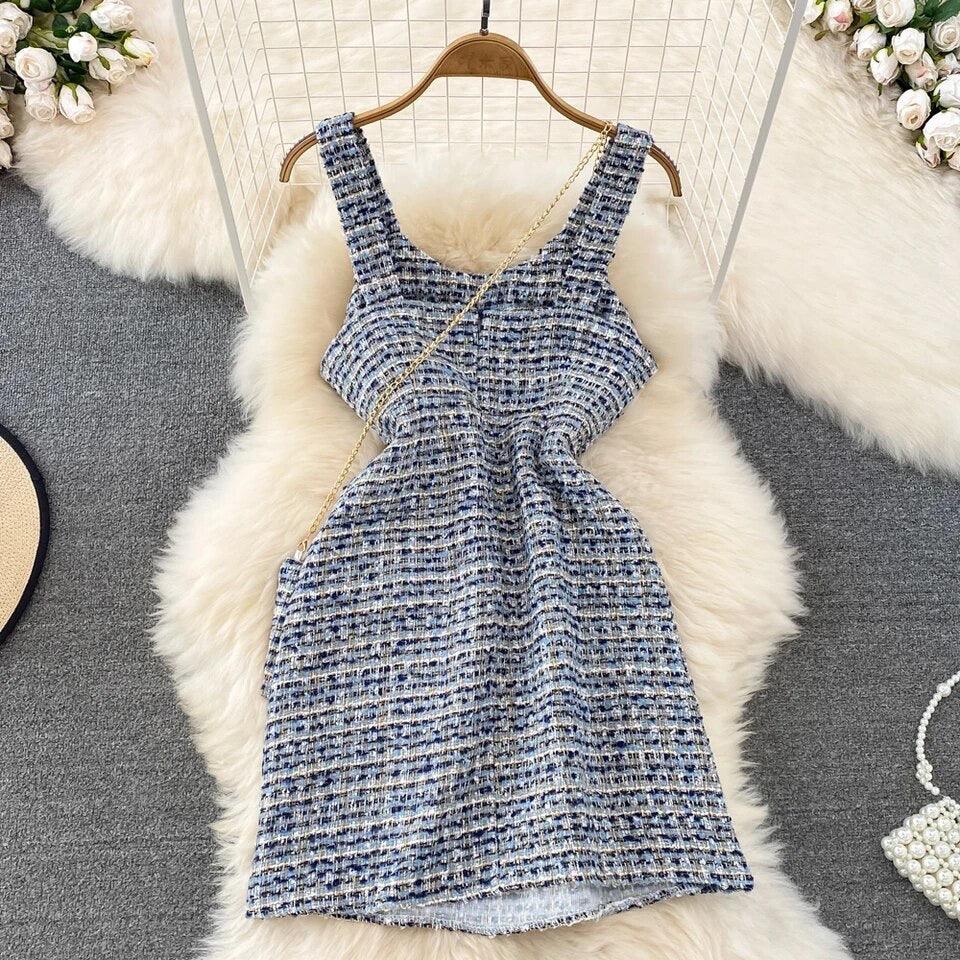Orry Tweed Dress with Sling Bag In Blue