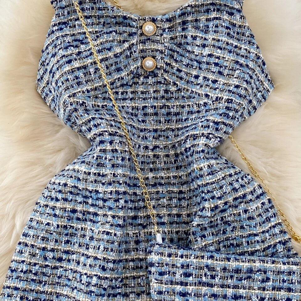 Orry Tweed Dress with Sling Bag In Blue