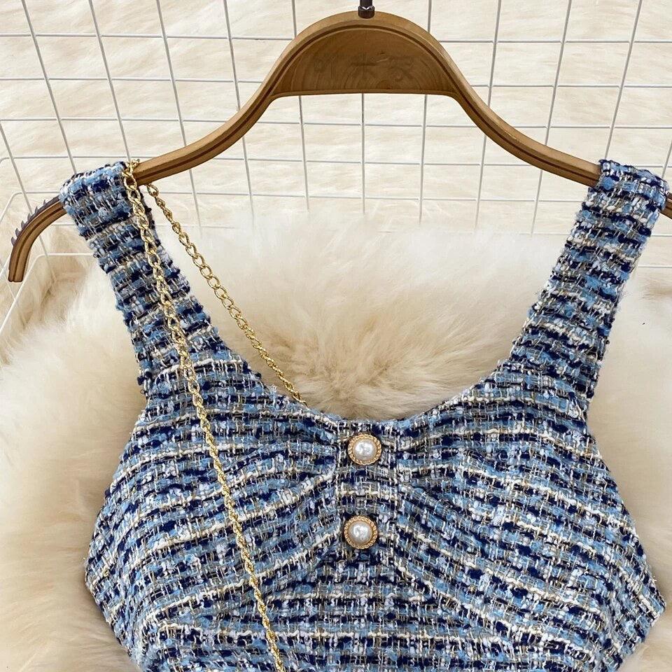 Orry Tweed Dress with Sling Bag In Blue