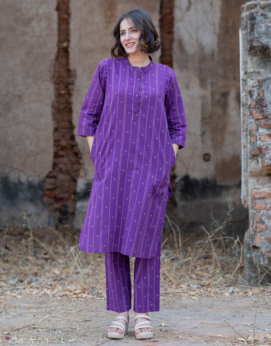 Purple Weave Co-ord Set with Stole