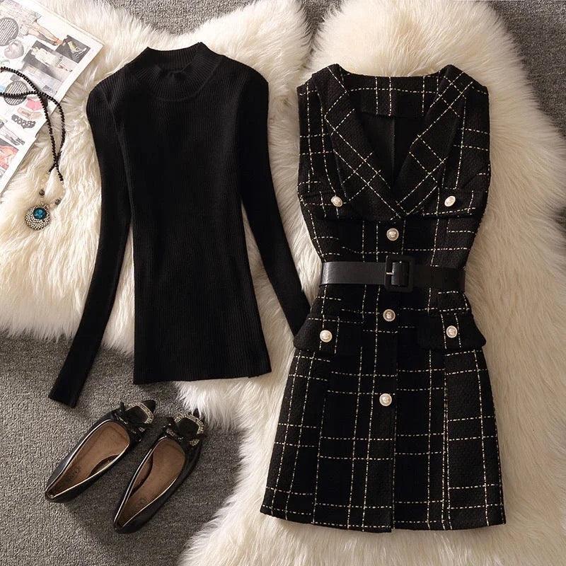 Rader Set of Top and Woolen Tweed Dress In White