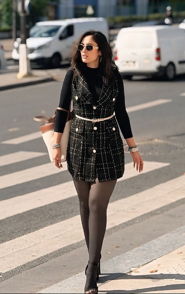 Rader Set of Top and Woolen Tweed Dress in Black