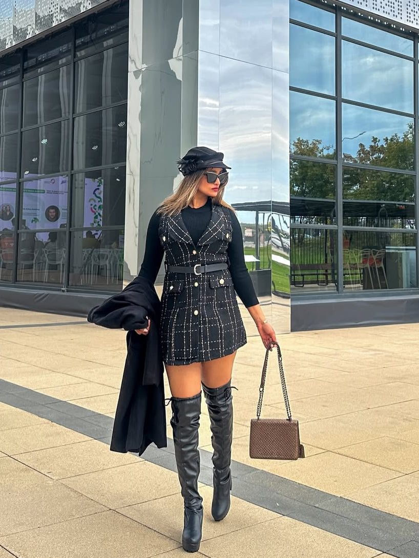 Rader Set of Top and Woolen Tweed Dress in Black