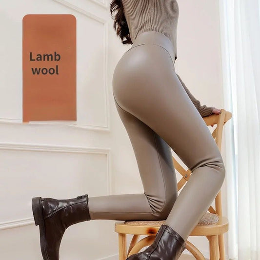 Roy Leather Slimming Premium Fleece Leggings In Brown