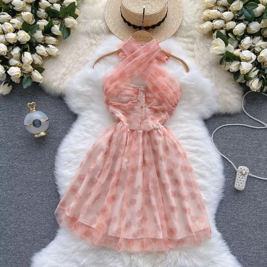 Rubert Mesh Detail Party Dress In Peach